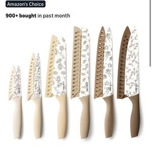 Floral Pattern Knife Set with Beige Handles